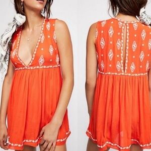 Free People Orange/white embroidered Detail top
